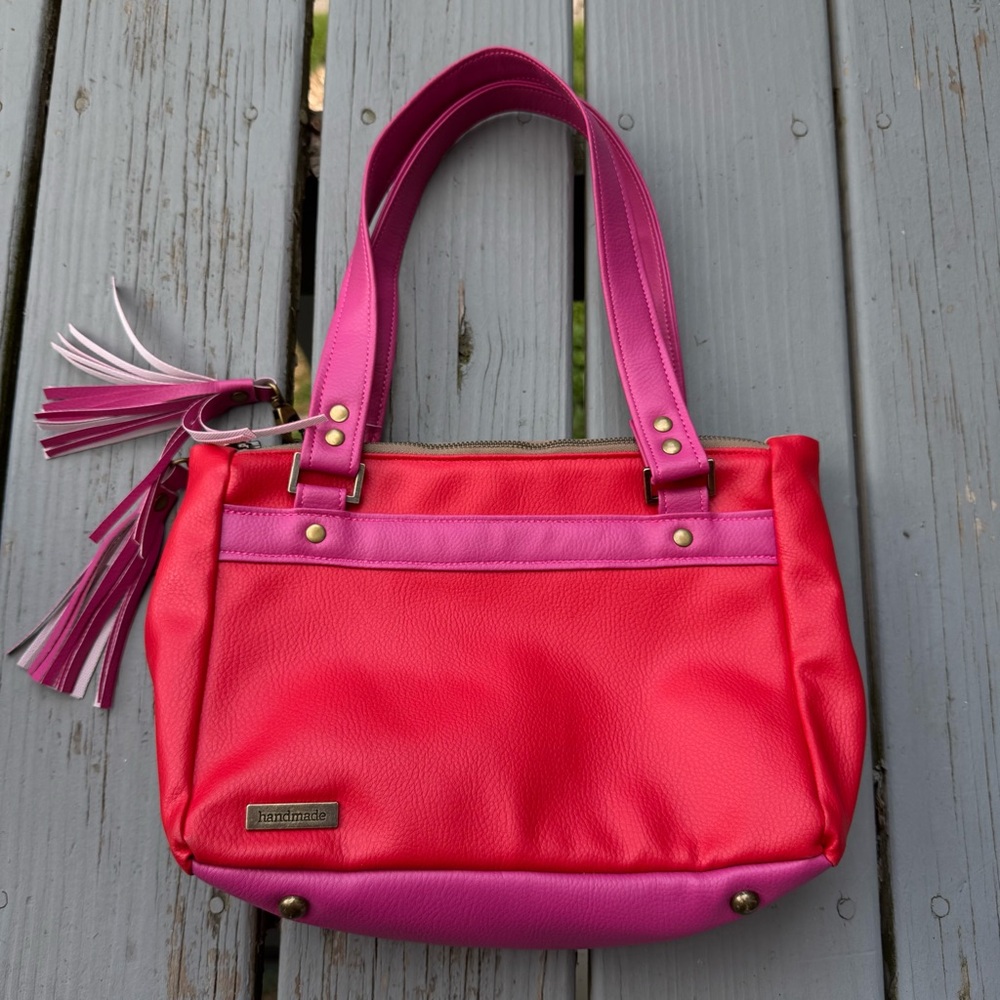 Dandelion Leather Shoulder Bag Double Zip Pockets Pink Red Magnetic Handmade